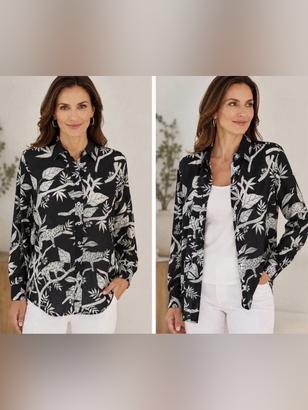 Talbots Black and White Botanical Button-Down Shirt, size P, 0-2